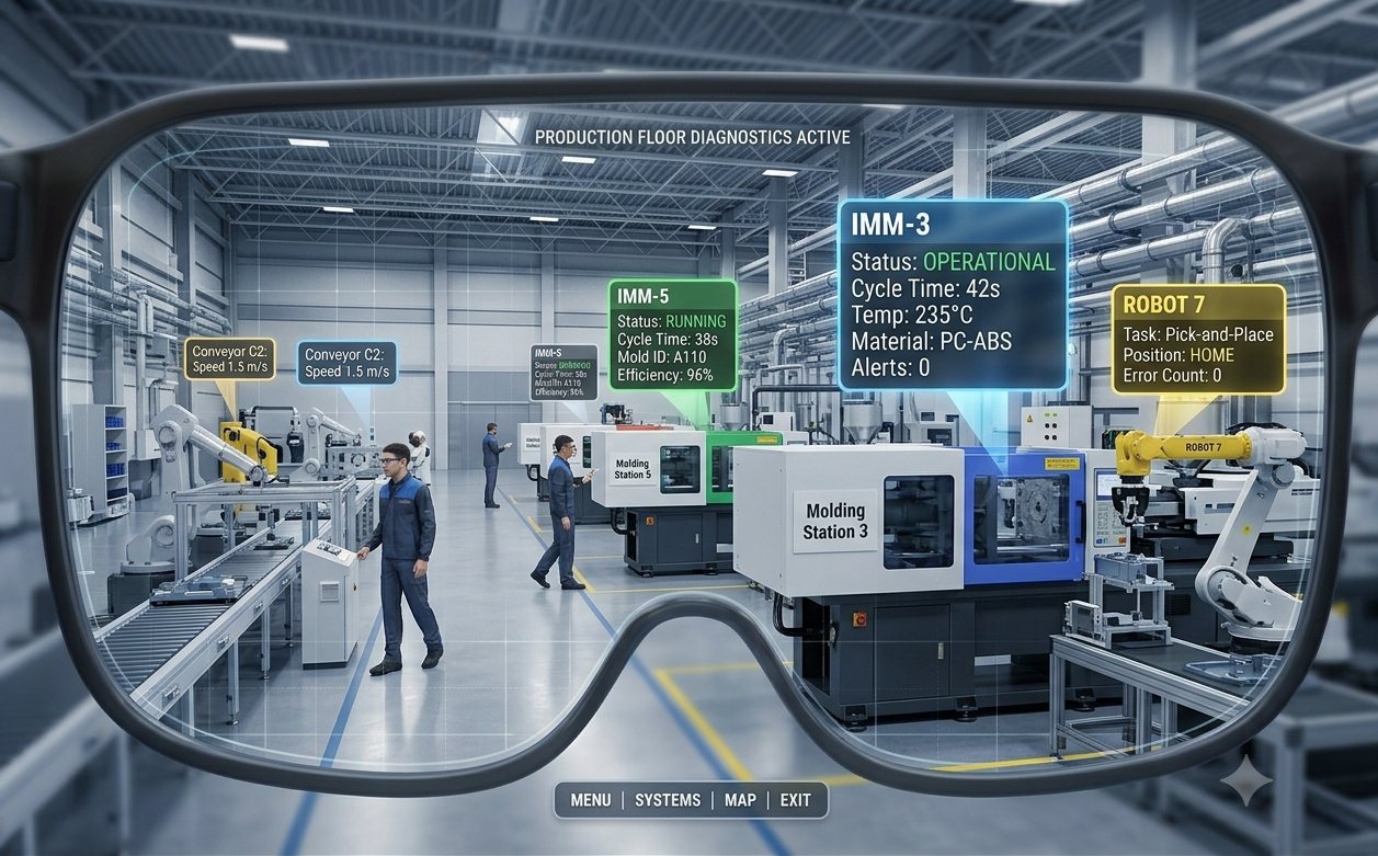 AR glasses view of a factory floor with pinned diagnostic HUD callouts on the injection-molding line