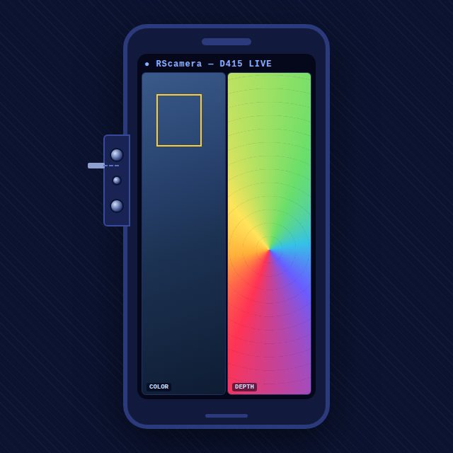 RScamera RealSense D415 Android side-by-side color and depth preview